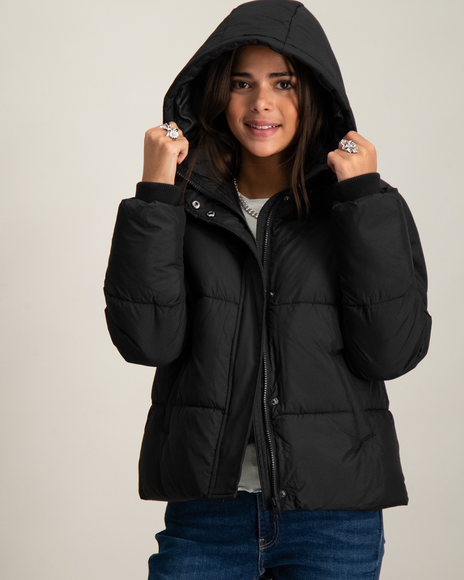 Black puffer hooded jacket on sale