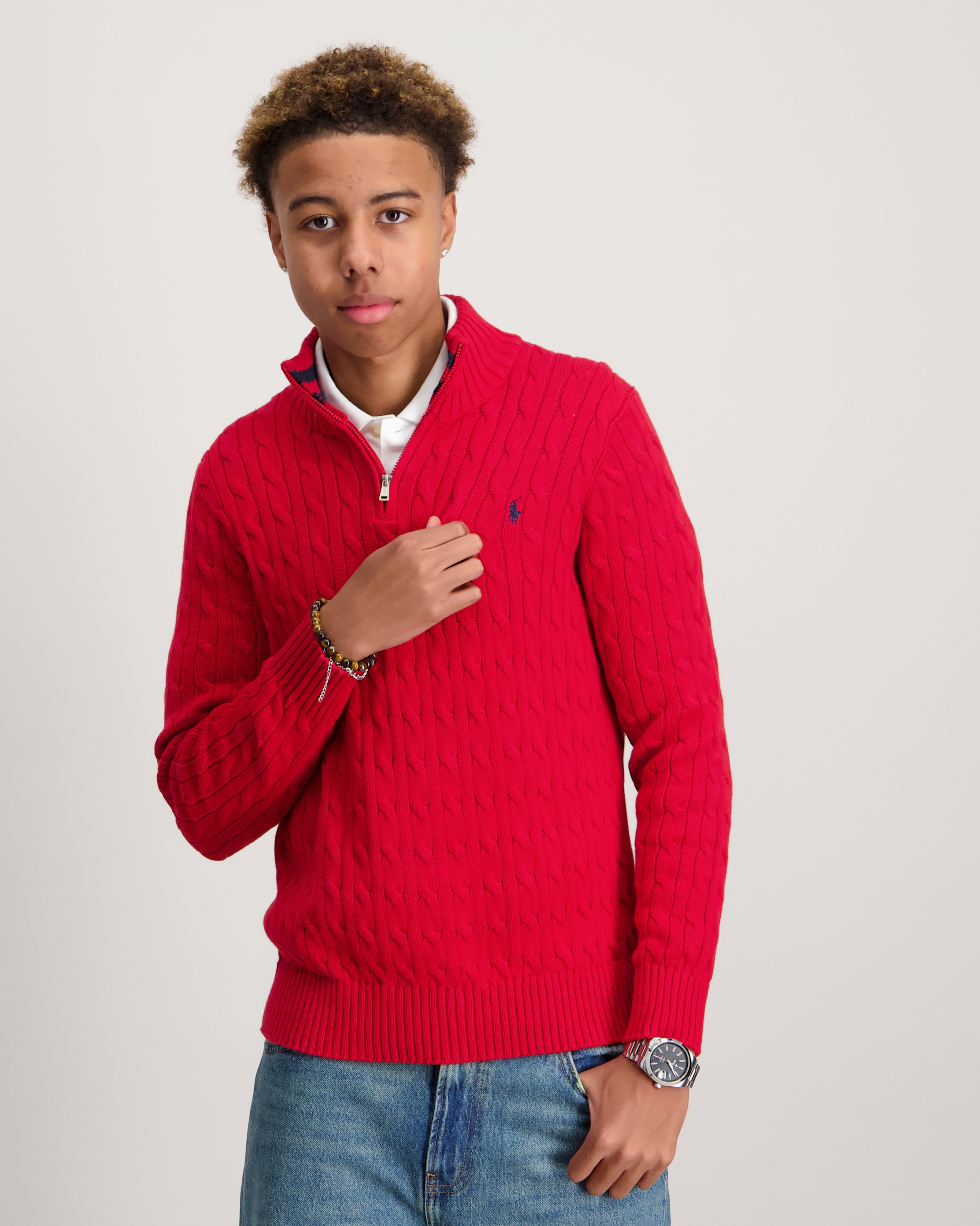 Polo Ralph Lauren Cable-Knit Cotton Quarter-Zip Sweater Röd för Kille ...